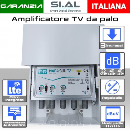 Amplificatore antenna TV 3 ingressi VHF-UHF-UHF 40dB regolabile Filtro 5G