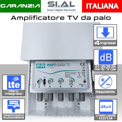 Amplificatore antenna TV 4 ingressi VHF-IV-V-UHF 25dB regolabile Filtro 5G