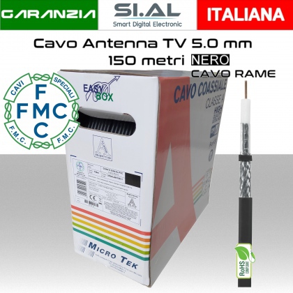 Cavo antenna TV 5 mm in bobina 150 metri Rame e PVC nero Micro TEK 