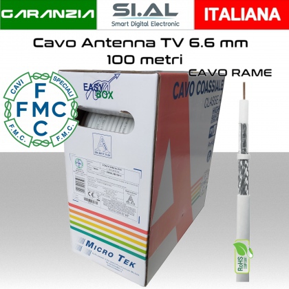 Cavo antenna TV 6,6 mm in bobina 100 metri Rame e PVC bianco Micro TEK 