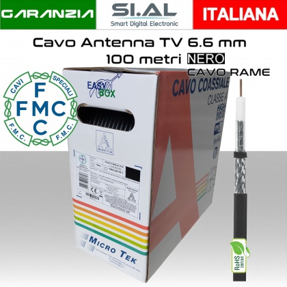 Cavo antenna TV 6,6 mm in bobina 100 metri Rame e PVC nero Micro TEK  