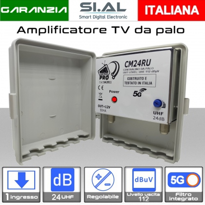 Amplificatore antenna TV 1 ingresso UHF 24dB regolabile Serie PRO