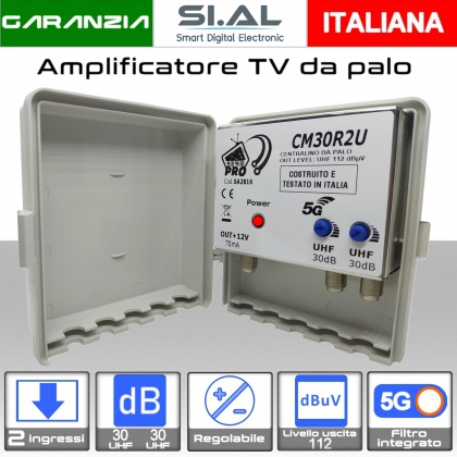 Amplificatore antenna TV 2 ingressi UHF 30dB regolabile Serie PRO