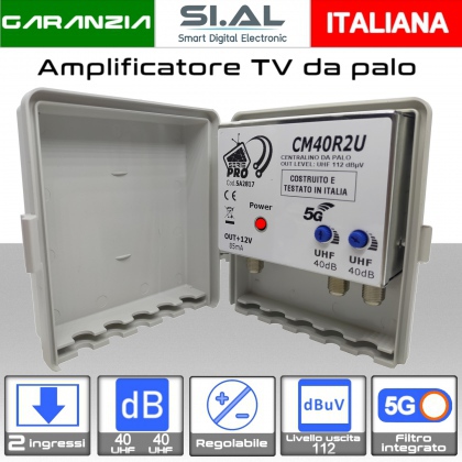 Amplificatore antenna TV 2 ingressi UHF 40dB regolabile Serie PRO