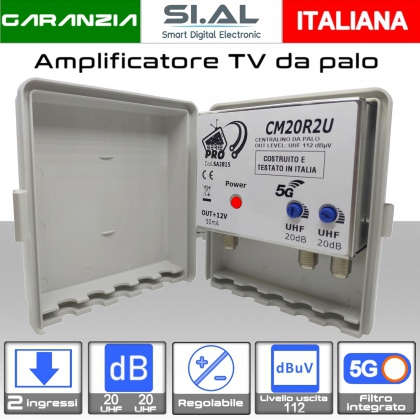 Amplificatore antenna TV 2 ingressi UHF 20dB regolabile Serie PRO