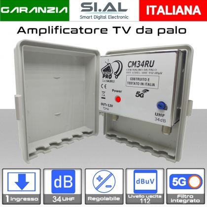 Amplificatore antenna TV 1 ingresso UHF 34dB regolabile Serie PRO