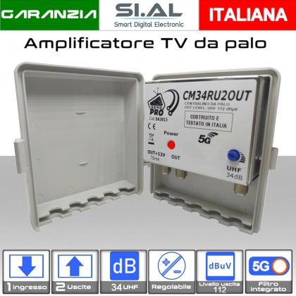 Amplificatore antenna TV 1 ingresso / 2 uscite UHF 34dB regolabile Serie PRO