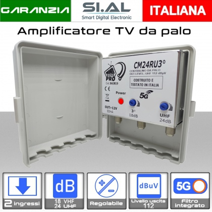 Amplificatore antenna TV 2 ingressi VHF-UHF 24dB regolabile Serie PRO