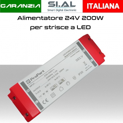 Alimentatore per LED 24V da 200W IP20 per interno trasformatore universale