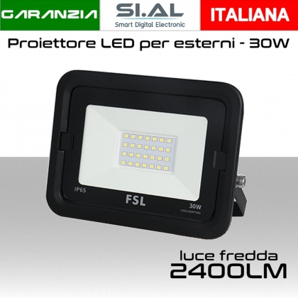 Faretto LED per esterno 30W Luce bianca fredda 6500K IP65 2400 Lumen FSL