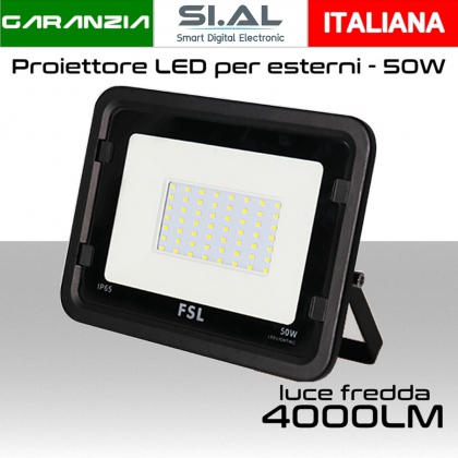 Faretto LED per esterno 50W Luce bianca fredda 6500K IP65 4000 Lumen FSL