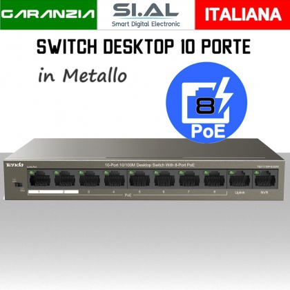 Switch Ethernet 10 porte 8 PoE Lan in metallo modello Desktop Tenda