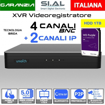 DVR videosorveglianza 4 canali 5 MPX e 2 IP con hard disk 