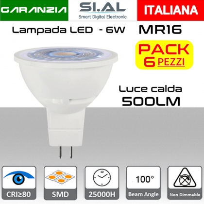 Lampadina LED MR16 GU5.3 luce bianca calda 500 lumen 6W Cover Traslucido PACK 6pz.