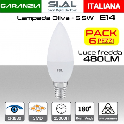 Lampadina LED oliva 5,5W luce fredda 6500k E14 480 lumen PACK 6pz.