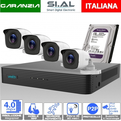 Kit videosorveglianza da esterno 4 telecamere bullet 4.0 megapixel e dvr con hard disk 