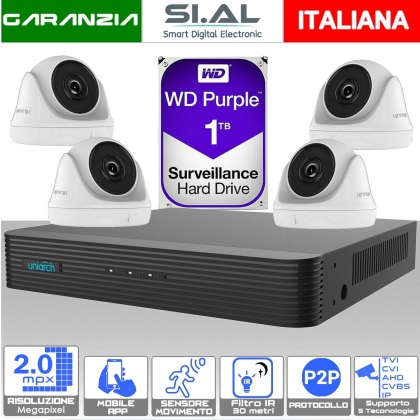 Kit videosorveglianza da esterno 4 telecamere dome 2.0 megapixel e dvr con hard disk