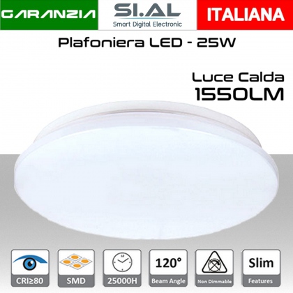 Plafoniera LED 25W luce calda 1550 lumen Ø380x55mm