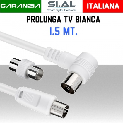 Cavo Antenna Tv prolunga da 1,5 metri spina maschio e femmina 90° bianca