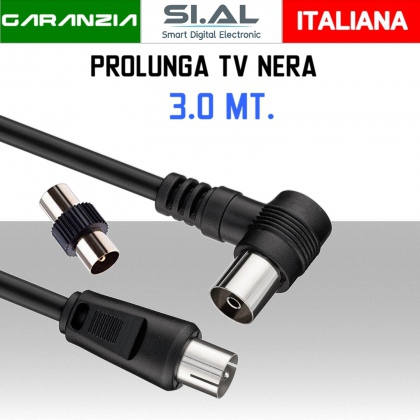 Cavo Antenna Tv prolunga da 3 metri spina maschio e femmina 90° nero