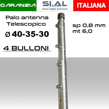 Palo antenna telescopico 6 metri tubi infilati Ø 40-35-30 mm spessore 0,8 mm zincato a caldo