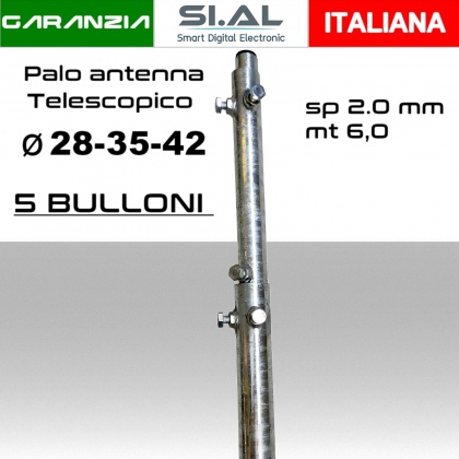 Palo antenna telescopico 6 metri tubi infilati Ø 28-35-42 mm spessore 2 mm zincato a caldo