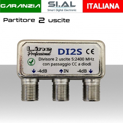 Partitore tv 2 uscite con connettori F su stesso lato per banda TV e Satellite 