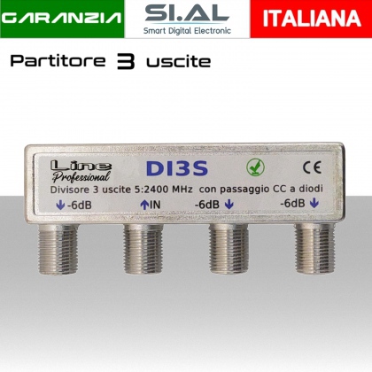 Partitore tv 3 uscite con connettori F su stesso lato per banda TV e Satellite