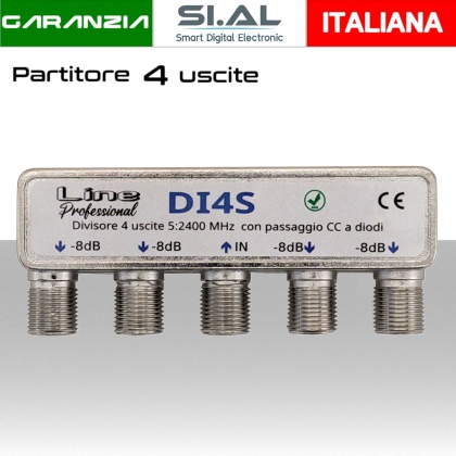 Partitore tv 4 uscite con connettori F su stesso lato per banda TV e Satellite