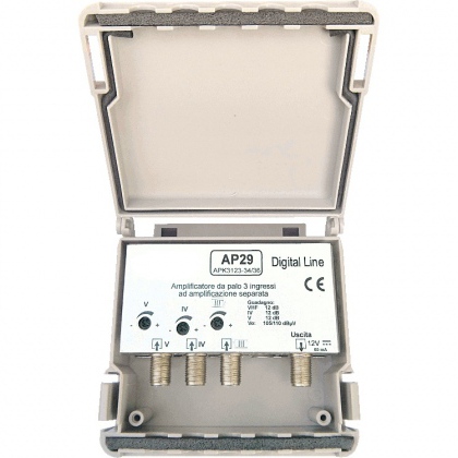 Amplificatore da palo 3 ing VHF  -  21:34  -  36:69 12/12dB 3R 105/110dBuV + Filtro 4+5G in omaggio