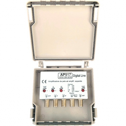 Amplificatore da palo 4 ing VHF  -  21:32  -  34:69  -  UHF 12dB 4R 105/110dBuV - Filtro 4+5G in omaggio