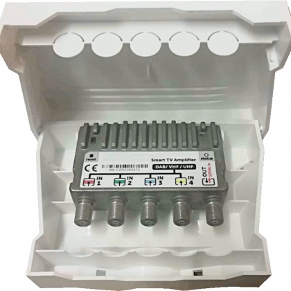 Amplificatore da palo TV programmabile a filtri attivi 4 ing. DAB / 21:48 / 21:48 / 21:48 - 15 mux - Filtro 5G - Alimentatore incluso
