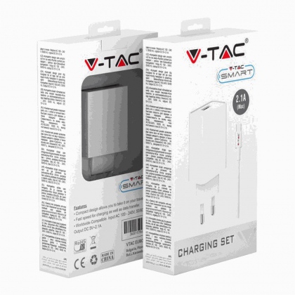 Caricatore da Viaggio con Cavo Ricarica Veloce Micro USB Tipo-C 2.1A Colore Bianco