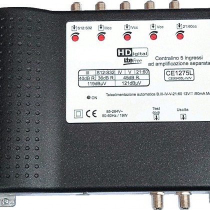 Centralino in pressofusione 5 ingressi III / S12:S32 / IV / V / 21:60 45dB 5 Reg 121dBuV con Filtro LTE 4G+5G