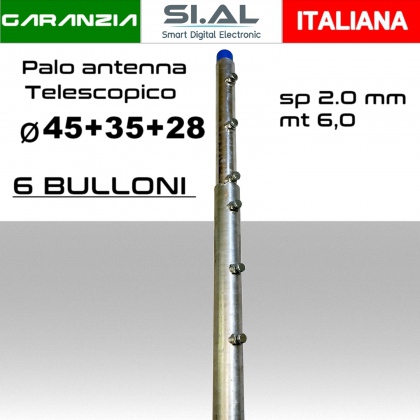 Palo antenna telescopico 6 metri tubi infilati Ø 45-35-28 mm spessore 2.0 mm zincato a caldo