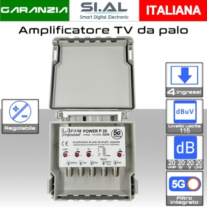 Amplificatore antenna TV 4 ingressi BIII-IV-V-UHF ( 32/34 ) 20dB regolabile AP830L-5G