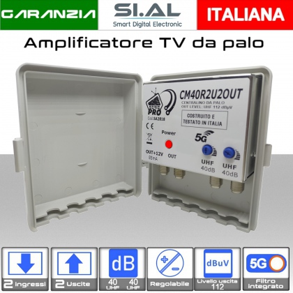 Amplificatore antenna TV 2 ingressi UHF 40dB regolabile 2 OUT Serie PRO