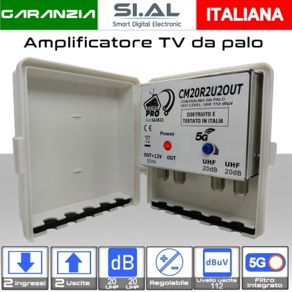 Amplificatore antenna TV 2 ingressi UHF 20dB regolabile 2 OUT Serie PRO