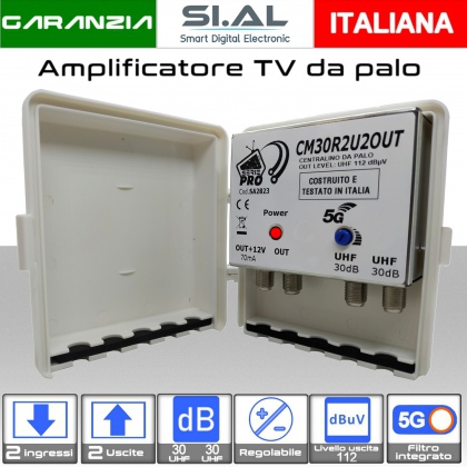 Amplificatore antenna TV 2 ingressi UHF 30dB regolabile 2 OUT Serie PRO