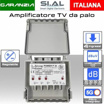 Amplificatore antenna TV 4 ingressi BIII-IV-V-UHF ( 32/34 ) 30dB regolabile AP291L-5G