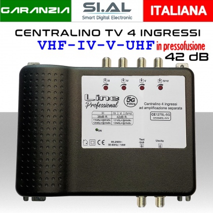 Centralino antenna TV da interno 4 ingressi BIII-IV-V-UHF 42dB telaio pressofuso