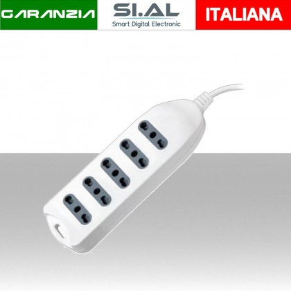 Multipresa con Cavo 1,5m 5 Prese 10/16A 2P+T Bipasso con Attacco a Parete con Spina 16A 2P+T Colore Bianco