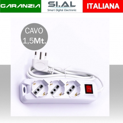 Multipresa con 3 Prese 10/16A 2P+T Bipasso/Schuko 45° e Interruttore Generale Luminoso e Cavo 1,5m Spina 16A 2P+T Colore Bianco