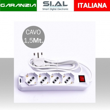 Multipresa con 4 Prese 10/16A 2P+T Bipasso/Schuko 45° e Interruttore Generale Luminoso e Cavo 1,5m Spina 16A 2P+T Colore Bianco