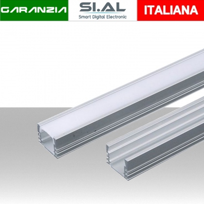 Profilo in Alluminio Colore Silver per Strip LED (Max l: 12,4mm) Copertura Satinata 2000 x 17,4 x 12,1mm