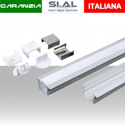 Profilo in Alluminio Colore Silver per Strip LED a Incasso (Max l: 12,5mm) Copertura Satinata 2000 x 24,5 x 12,2mm