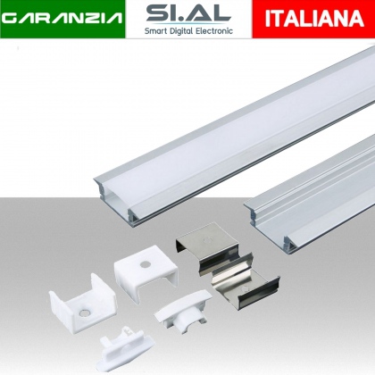 Profilo in Alluminio Colore Silver per Strip LED a Incasso (Max l: 12,4mm) Copertura Satinata 2000 x 24,7 x 7mm