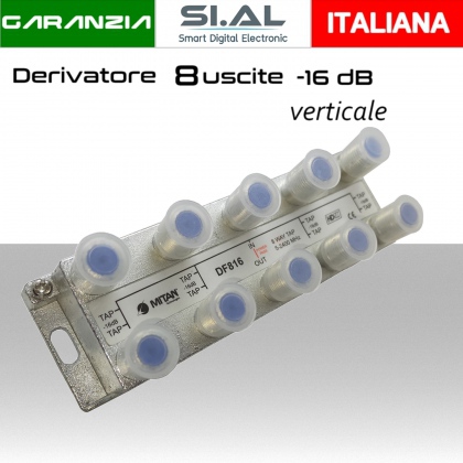 Derivatore antenna 8 uscite verticale attenuazione -16dB con 1 via passante DC schermato con connettore F per banda TV e Satellite mitan DF816