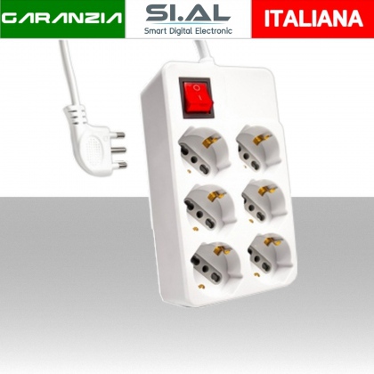 Multipresa elettrica 6 posti ciabatta con pulsante luminoso e cavo da 1,5 metri 10/16A Bipasso Schuko