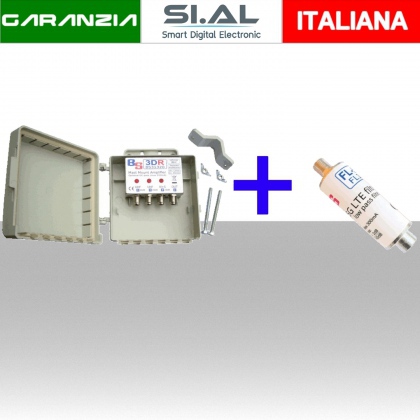 Amplificatore da palo 3 ingressi III  -  UHF  -  UHF 20dB 3 Reg. 105/110dBuV Telealimentazione facoltativa + Filtro 4G+5G